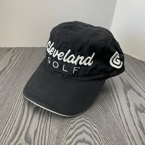 Cleveland Golf Mens Strapback Black Hat White Embroidered Spellout